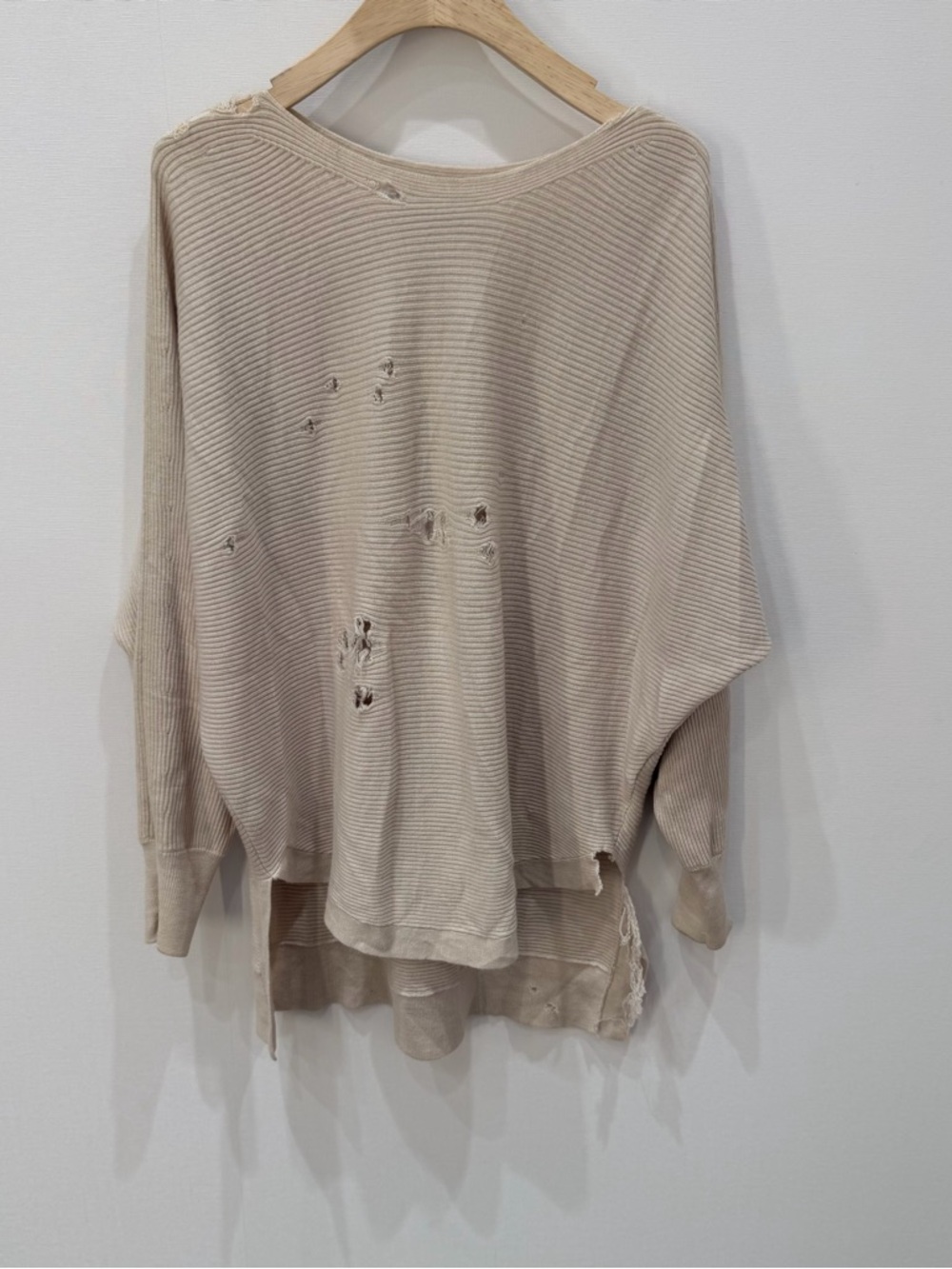 All Saints Beige Distressed Ribbed Pullover